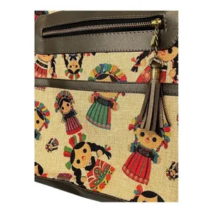 Mexican Doll Tote Bag Womens Medium Tan Brown Multi Folk Art Tapestry Lele‎ Doll thumbnail 4