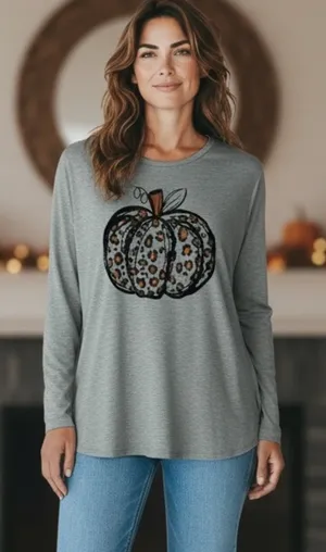 Leopard Print Fall Pumpkin Shirt Size XL Gray thumbnail 1