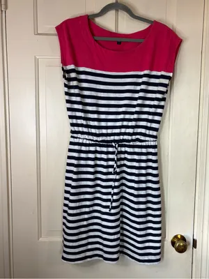 Gap Pink Navy White Striped T-Shirt Dress Drawstring Waist Nautical Size M thumbnail 7