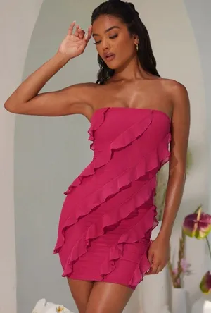 Oh Polly Bandeau Ruffle Detail Mini Dress Fuchsia thumbnail 1