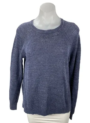 J.Crew Women's Navy Blue Linen Long Sleeve Knit Round Neck Sweater Top Size M thumbnail 1