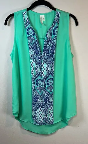 Pink Owl Sleeveless Blouse Shirt Aqua Blue Split Neck Lightweight Women's Medium thumbnail 1