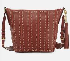 NWT Michael Kors Brown ‘Brooklyn Grommet Leather Feed Bag’ Crossbody in “Brick” thumbnail 1