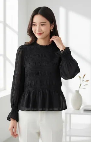 Express Elegant Black Smocked Balloon Sleeve Peplum Blouse NWT thumbnail 1