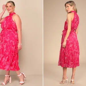 LULU's Floral Sexy Flowy Chic Halter Neck Modern Hot Pink Midi Dress NWOT thumbnail 4
