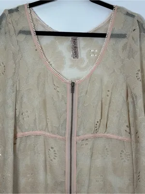 Free People Cream Floral Lace Tunic Dress Size Medium Pink Trim Zip Front Boho thumbnail 2