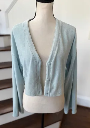 Alo Light Blue Ribbed Fleece Material Cropped Button V-Neck Long Sleeve Cardigan thumbnail 1