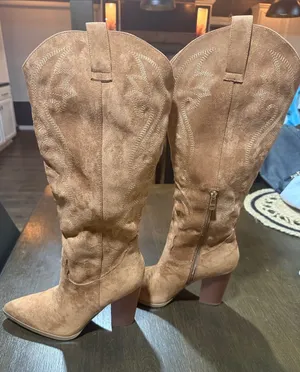 Suede Knee-High Western Boots in Tan thumbnail 1