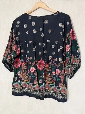 Natural Life Women’s Maribel Top Blouse Rayon in Black Floral Mushroom M thumbnail 8