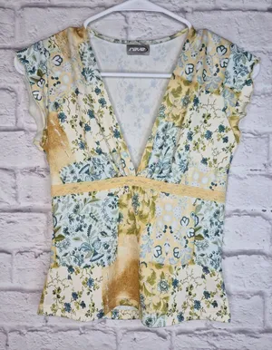 VTG Y2K Rave Patchwork Lace Top Cami Cap Sleeve Blue Yellow Cottagecore Sz S M thumbnail 1