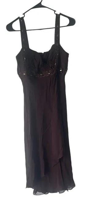 Jones New York Dress Y2k Size 10 Brown Chiffon 100%‎ Silk Beaded Midi Dress thumbnail 1