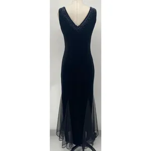 Vintage Y2k Velvet Gown Sleeveless Beaded Bateau Neck Mesh Godets Black Womens 4 thumbnail 7