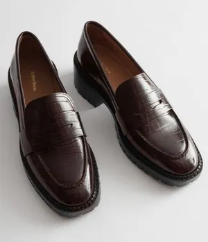 & Other Stories Croc Embossed Block‎ Heel Loafers in Dark Brown Size 10.5 thumbnail 1