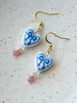 Handmade cottage fairy whimsy style heart ribbon dangle earrings🎀🩵 thumbnail 4