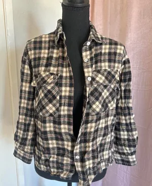 Black and cream plaid button-up flannel shirt thumbnail 1