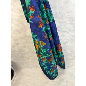 Magenta Vintage Square Scarf Made in Italy Navy Blue Green Leaf Bird Print thumbnail 6