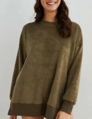 aerie Army Green Fleece Oversized Crewneck Sweatshirt thumbnail 1