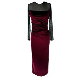 New! Amanda Uprichard Burgundy Velvet‎ Mesh Midi Dress Ruched Long Sleeve Small thumbnail 3