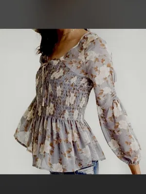AMERICAN EAGLE Smocked Tan Floral Boho Tiered Peasant Top Size Small thumbnail 9
