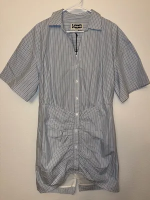 NWT KBB by Kahlana The Ruched Shirt Dress Striped Blue White Medium Mini Dress thumbnail 1