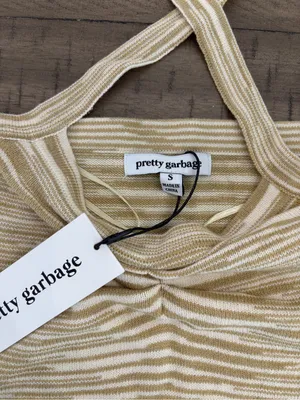 Striped Halter Ruched Crop Top in Cream and Beige thumbnail 3