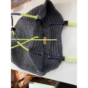 J.Crew‎ Straw Tote Bag Gray Neon Yellow Tassel Rope Handle Shoulder Bag thumbnail 4