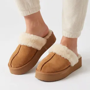 Chestnut Faux Suede Platform Slippers Faux Fur Lined Mule Clogs Women Size 9 thumbnail 1