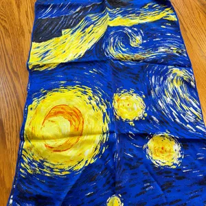 Oblong 100% Charmeuse Silk Scarf Van Gogh "The Starry‎ Night" Oil Painting thumbnail 4