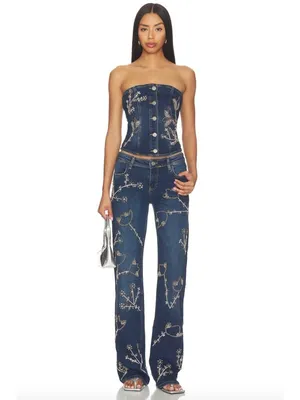 OW Collection Nova Embellished Denim Matching Set Blue Womens Size 36 Small thumbnail 8
