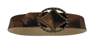 Y2K Chico’s Brown Patchwork Wide Belt M Rhinestone Geometric Buckle Boho Western thumbnail 1