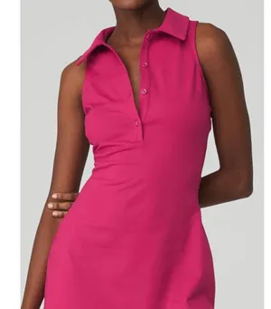 Alo Charmed Tennis Dress Magenta Crush Button-Up V-Neck Sleeveless Henley Mini L thumbnail 3