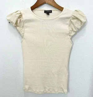 J. Crew XXS Cream Vintage rib T-shirt with cotton poplin puff sleeves Chic Femme thumbnail 1