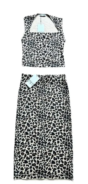 Zara Leopard 2PC Sweater Set Tank Pencil MIDI Skirt M Brown Black Animal Print thumbnail 1
