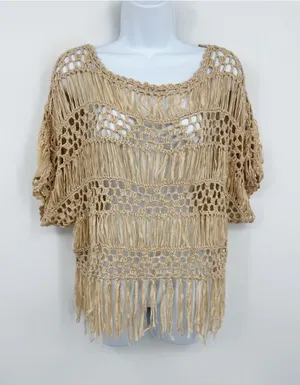 Dislay Paris Tan Open Knit Boho Short Sleeve Blouse Size Small Whimsical Fairy thumbnail 1