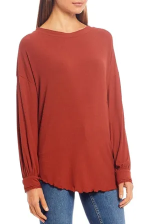 Free People Shimmy Shake Top Oversized Rust Long Sleeve Blouse scalloped hem EUC thumbnail 1