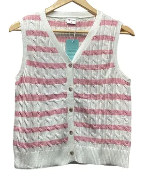 Wiholl cable knit sleeveless sweater. Pink on ivory stripes. Size Small thumbnail 1