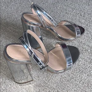 ASOS Hermione Silver Mirror Block Heel Sandals thumbnail 11