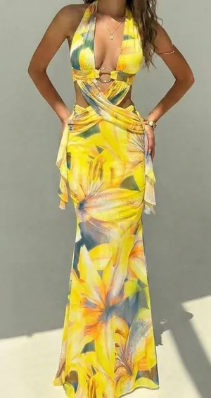 SHEIN Yellow Floral Halter Cutout Maxi Dress thumbnail 1