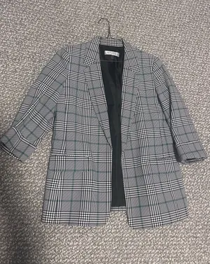 Kasper Gray & Black Glen Plaid Long Blazer with Subtle Green Windowpane thumbnail 1