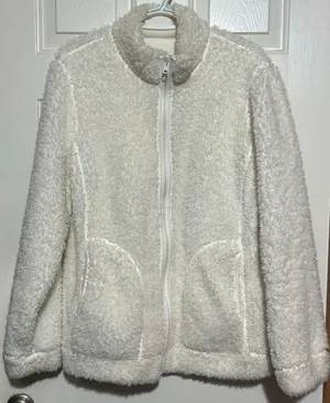 Women's White‎ Sherpa Reversible Felt Zip Up Jacket Side Pockets Size XL thumbnail 1