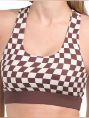 WILO The Label Checkered Sports Bra Brown Cream Racerback Size L thumbnail 1