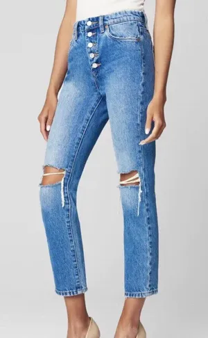 BlankNYC Denim Jeans Button Fly Crop High Rise Blue Distressed Women’s 24 Ripped thumbnail 1