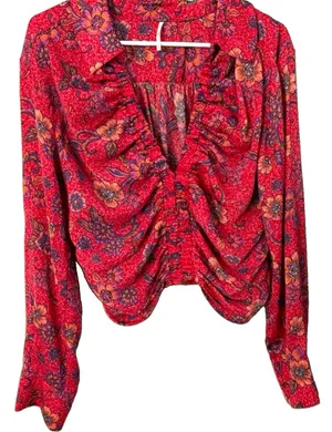 Free People $98 I Got You Floral Ruched V-Neck Cropped L/S Blouse Top Sz L thumbnail 1