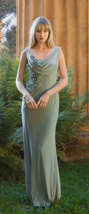 Mac Duggal 11910 Green Sleeveless Jersey Cowl Neck Gown With Beading sz 4 thumbnail 1
