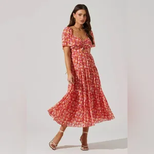 ASTR Cinched Bust Cut Out Center Dress in Red Multi Floral Size Small NWT thumbnail 7