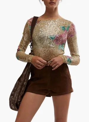 Free People Gold Rush Floral Sequin Top,‎ Champagne/Pink, Medium, NWOT thumbnail 1