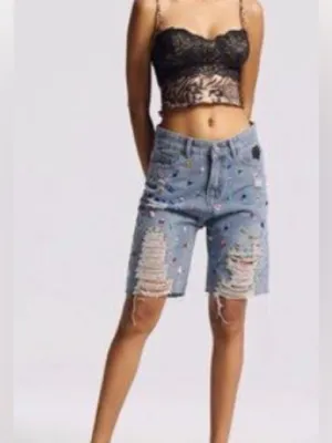 Streetwear bedazzled Jewel Studded bling frayed high Waisted Denim Shorts NWT LG thumbnail 2