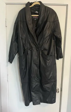 Wilson's Leather Vintage Black Long Leather Trench Coat jacket lined medium duster thumbnail 1