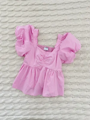 Old Navy Pink Puff Sleeve Square Neck Peplum Blouse thumbnail 2