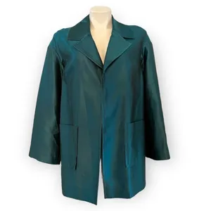 ST. JOHN COUTURE Sharkskin Silk Wool Blend Teal Open Front Jacket Blazer Size 8 thumbnail 4